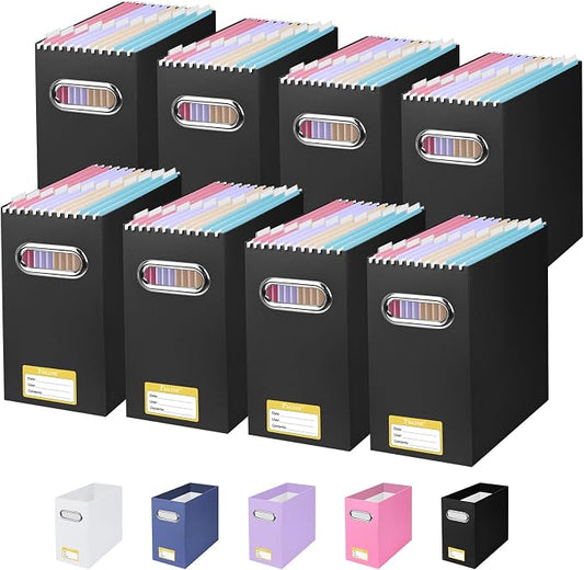 BALEINE File Organizer Box, Cardboard File Folder Organizer with Handle for Letter Size, Portable Collapsible Hanging Filing Box for Home Office Document Storage (8 Pack, Black) by BALEINE