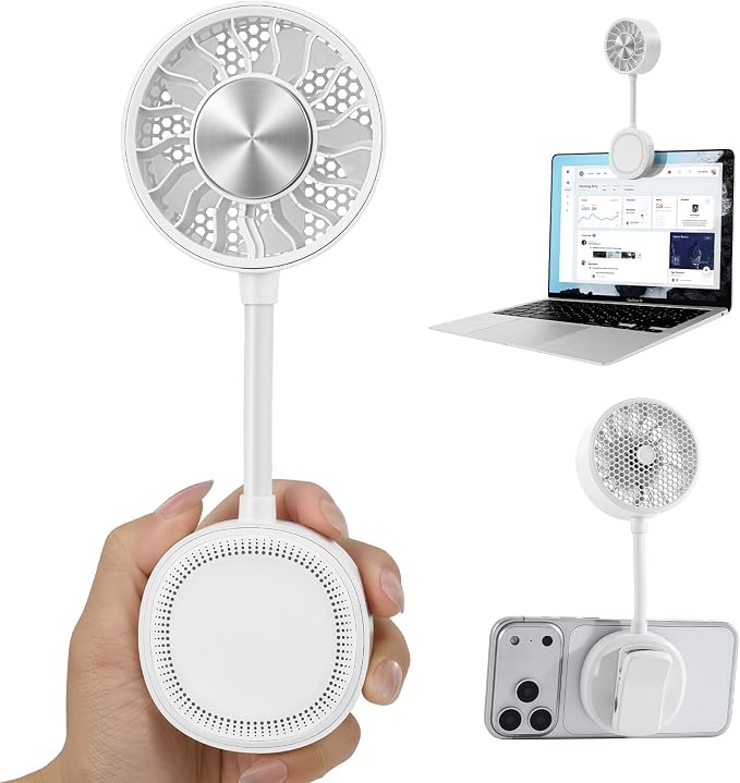 Magnetic Phone Fan with Ice Cooling, 3-in-1 Clip on Fan & Phone Stand, Rechargeable Mini Handheld Fan, 360° Flexible Gooseneck Portable Fan for Cruise Travel Desk Gym Makeup（White） by Blissfuhue