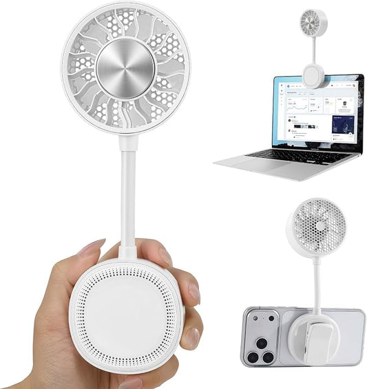 Magnetic Phone Fan with Ice Cooling, 3-in-1 Clip on Fan & Phone Stand, Rechargeable Mini Handheld Fan, 360° Flexible Gooseneck Portable Fan for Cruise Travel Desk Gym Makeup（White） by Blissfuhue