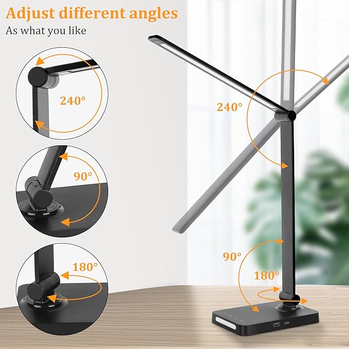 LED Desk Lamp with USB Ports,Touch Desk Lamps for Home Office with 5 Modes | 3 Brightness Desk Light with Small Night Light,Reading Lamp Table Lamp for Bedroom Bedside Study Black （with adapter） - Image 5