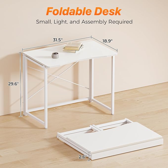 Huuger Folding Desk for Small Spaces, 31.5 Inch Foldable Computer Table, Easy Assembly, for Home Office, Study, Bedroom, Dorm, Space Saving, Small Writing Work Office Computer Desk, White - Image 2