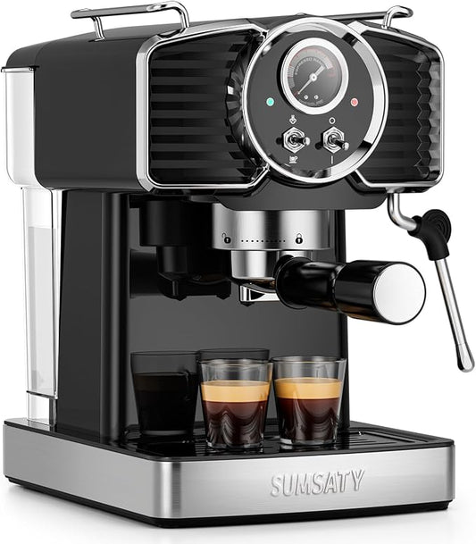 SUMSATY 20 Bar Espresso Machine Retro with Powerful Milk Frother, Black | Visual Pressure Gauge Espresso Coffee Machine 1350W Fast Heating Home Barista for Cappucino Latte Maker, 61oz Water Tank by SUMSATY
