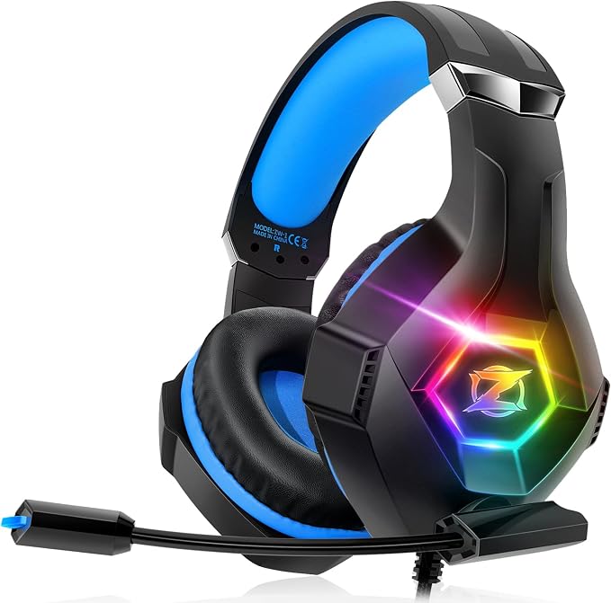 Ozeino Gaming Headset for PC, Ps4, Ps5, Xbox Headset with 7.1 Surround Sound, Gaming Headphones with Noise Cancelling Mic RGB Light Over Ear Headphones for Xbox Series X/S, Switch-Blue by Ozeino