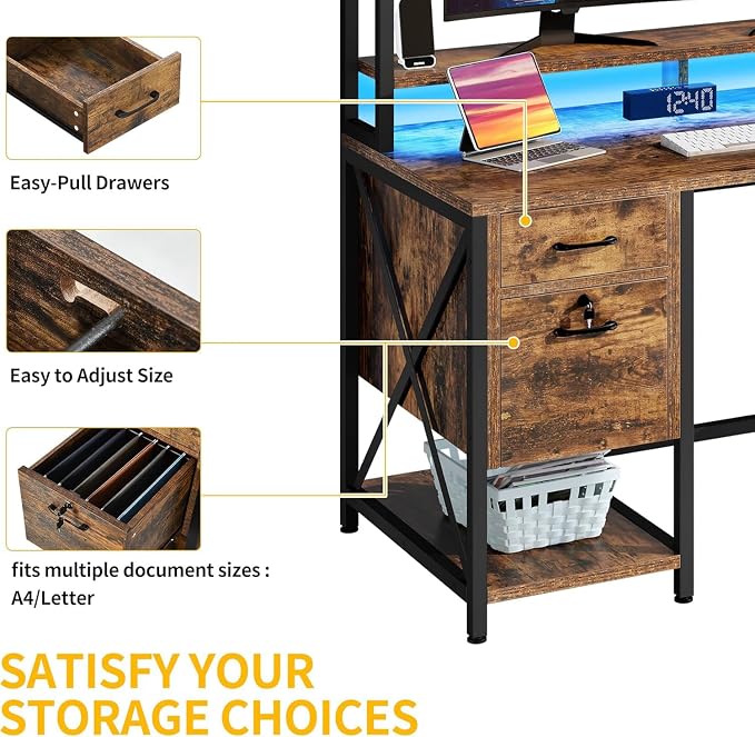 DWVO Computer Desk with Drawers & Hutch, 59.1" Office Desk with Power Outlets & LED Lights, Home Office Desk with Storage Shelves, Rustic Brown | Built-In Power Outlets, Led Lights, Hutch Shelves, Storage Drawers, for Home Office Work Study, Easy Assembly - Image 6
