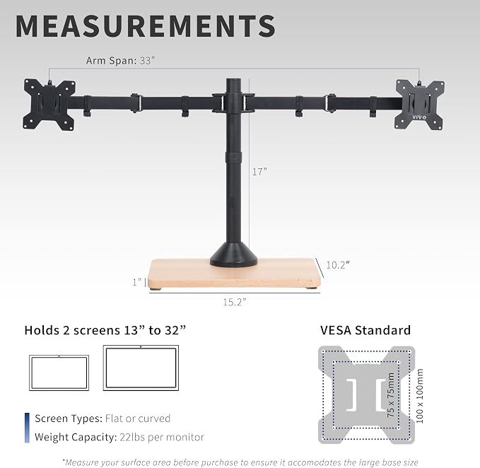 VIVO Dual Monitor Desk Stand for 13 to 32 inch Screens, STAND-V002FD-B | Articulating, Freestanding Adjustable Monitor Arm, Black with Wood Base, Computer Stand for 2 Monitors, Holds 22 lbs Each - Image 4