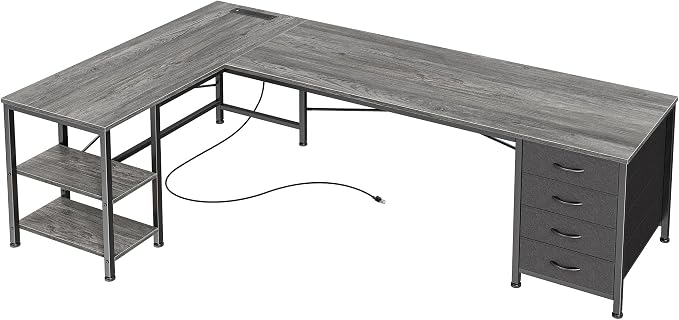 Huuger 63 Inch L Shaped Desk with Fabric Drawers, Reversible Computer Gaming Desk with Power Outlets and USB-C Port, Adjustable Side Storage Shelves, for Work Study Corner Home Office, Grey by Huuger
