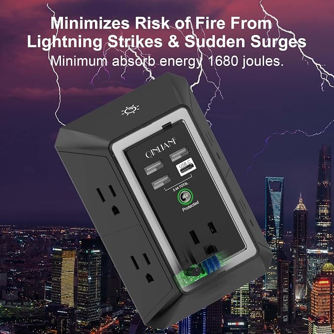 3-Sided Surge Protector Power Strip - QINLIANF Multi Plug Outlet with 5 Outlet Extender and 4 USB Ports(1 USB-C) and Night Light, USB Wall Charger for Home, Office, Travel, ETL Listed, Black - Image 6