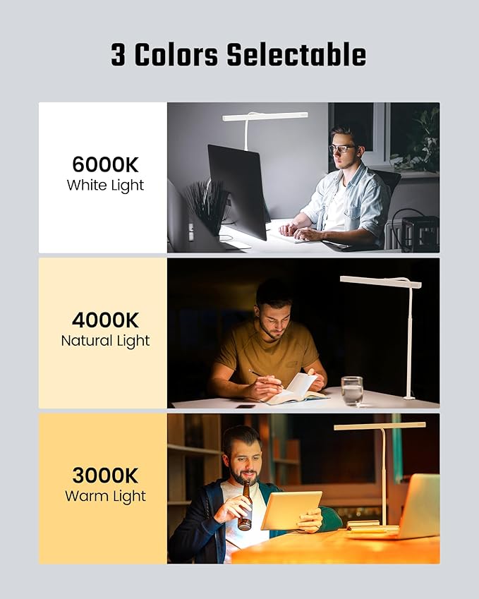 SUPERDANNY LED Desk Lamp for Home Office, Eye-Caring Desk Light with Adjustable Gooseneck, 12W Touch Control Dimmable Brightness, Architect Clamp Lamp with USB Adapter, White - Image 4