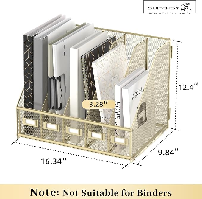SUPEASY Desk Organizers Metal Desk Magazine File Holder with 5 Vertical Compartments Rack File Organizer for Office Desktop, Classroom, Home Workspace, Golden Yellow - Image 3