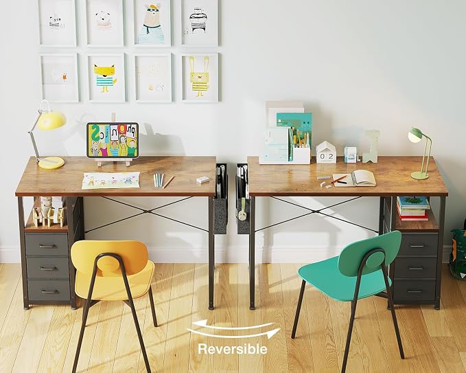 AODK 40 Inch Small Computer Desk with Fabric Drawers, Vintage | Mini Desk with Storage Shelf & Bag, Kids Study Desk for Bedroom, Home Office Desk for Small Space - Image 6