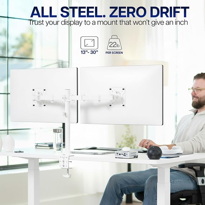 VIVO Dual Monitor Desk Mount, Heavy Duty Fully Adjustable Stand, Fits 2 LCD LED Screens up to 32 inches, White, STAND-V032W - Image 2