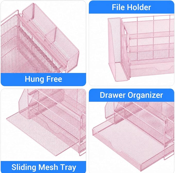 OPNICE Desk Organizers and Accessories, 4-Tier Desktop File Organizer with Drawer and Pen Holders, Office Desk Accessories Workspace Organizers for Office Supplies (Pink) - Image 2