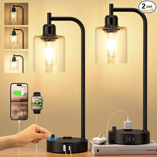 Industrial Bedside Lamps Set of 2, Fully Dimmable Desk Lamps for Bedroom | Glass Shade, USB C+A Charging Port & Outlet, Black Nightstand Table Lamps for Living Room, Office, Reading, Vintage by Innqoo
