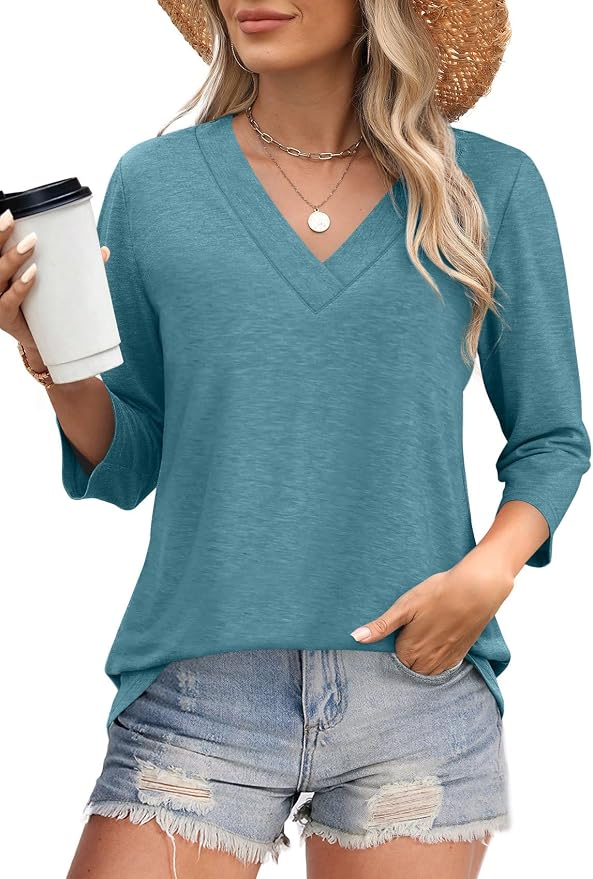 WIHOLL Womens Tops 3/4 Length Sleeve V Neck Casual Tunic Tops Basic Shirts Loose Fit Blouse - Image 2