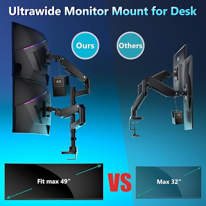 WALI Dual Monitor Mount for Ultrawide Heavy Duty Curved Monitor Stacking, Dual Monitor Arms Fits 13-49 Inch for Ultrawide Screens up to 44lbs, 49 inch Monitor Arm, Black - Image 4