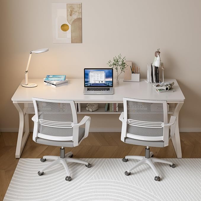 OSCHF 63-Inch Extra Long Desk with Storage Shelf, Warm White | Double Long Writing Table, Space-saving, 2-Person Workstation, Modern Study Work Computer Desk, For Home Office - Image 6