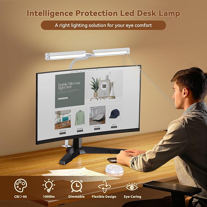 Pzloz Led Desk Lamp with Clamp: Architect Desk Lamp for Home Office, Eye Caring Double Head Computer Monitor Work Desk Light with Remote Control - 24W Flexible Dimmable Desktop Table Lamp White - Image 3