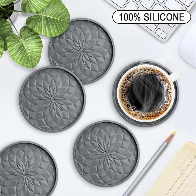 ME.FAN Silicone Coasters with Holder,[6 Pack] Drinking Coasters - Cup Mat for Hot or Cold Drinks, Thickened, Non-Slip, Non-stick,Deep Tray Dark Grey - Image 2