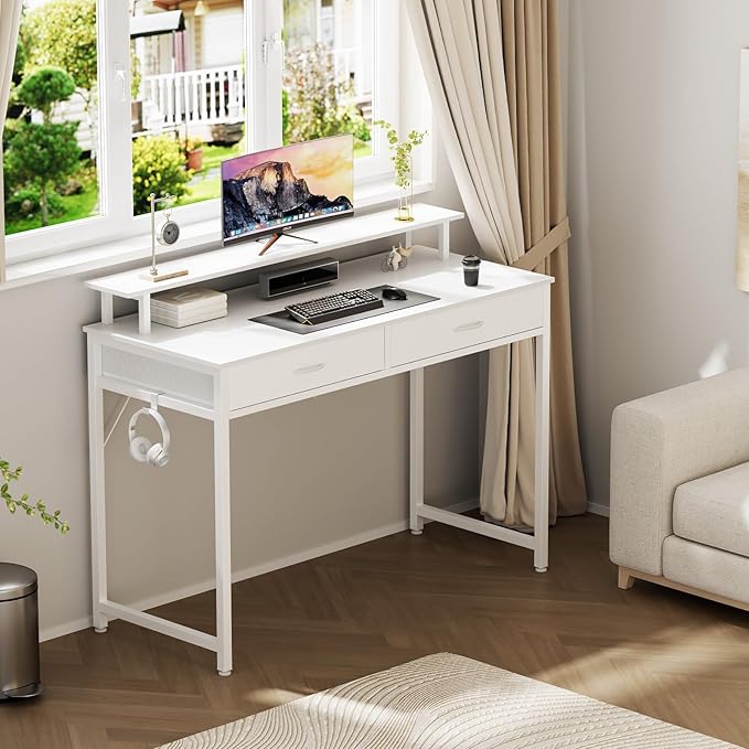 DUMOS 40-Inch Computer Desk with Drawers and Monitor Stand, White | Small Writing Desk for Home Office with Headphone Hook, Compact Study Table for Bedroom - Image 2