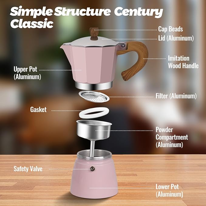 3 Cup Aluminum Moka Pot Classic Stovetop Espresso Coffee Maker 150ml 5oz Coffeemaker Percolator Mocha Pot Greca Coffee Maker Cafe Makers for Italian and Cuban Café Brewing Pink - Image 3
