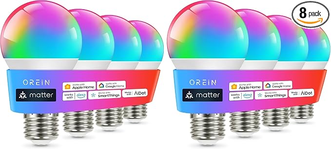 OREiN Matter Smart Light Bulb, Smart Light Bulbs Work with Apple Home, Alexa, Google Home, SmartThings, A19 Color Changing Light Bulbs 2.4Ghz WiFi, 800 Lumens Equivalent 60W 4Pack (Pack of 2) by OREiN