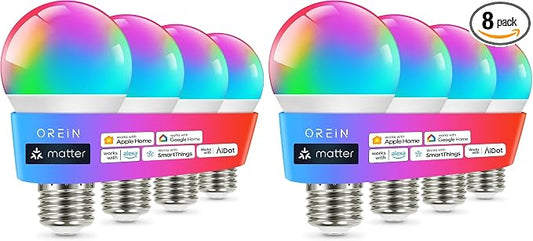 OREiN Matter Smart Light Bulb, Smart Light Bulbs Work with Apple Home, Alexa, Google Home, SmartThings, A19 Color Changing Light Bulbs 2.4Ghz WiFi, 800 Lumens Equivalent 60W 4Pack (Pack of 2) by OREiN