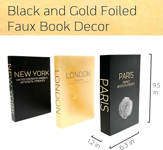 AZEZO Set of 3 Decorative Books for Home Decor – Decorative Hardcover Display Faux Books for Bookshelf and Coffee Table – Black and Gold Foiled – Paris London New York Themed - Image 2