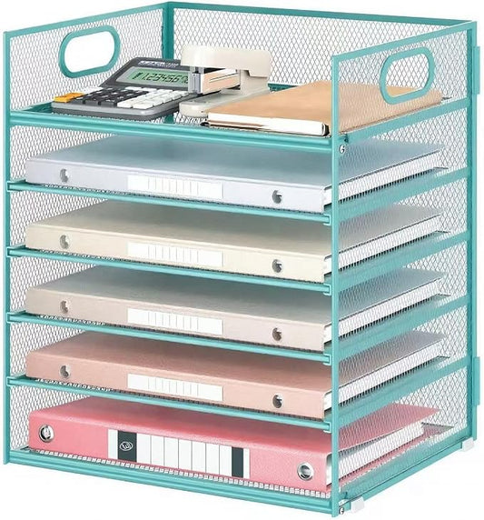 6 Tiers Letter Tray Paper Organizer with Handle, Mesh Desk File Organizer, Metal Desktop Document Shelf Organization, Paper Sorter Organizer for Office, Home or School File Folder Holder - Blue by Lavatino