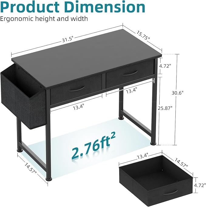 CAIYUN Computer Office Desk for Small Space with Fabric Drawers, Home Office Desk for Bedroom with Side Pocket and Hook, 31 Inch Kid’s Desk, Writing Desk, Study Table and Work Desk, Black - Image 3