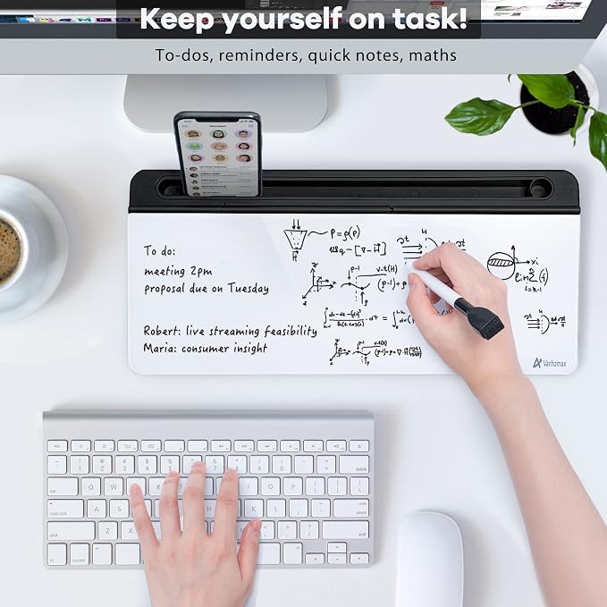 Varhomax Glass Desk Whiteboard with Storage, Desktop Organizer to-do List Memo Notepad Dry Erase White Board for Home Office and School Supplies (Black&White) - Image 2
