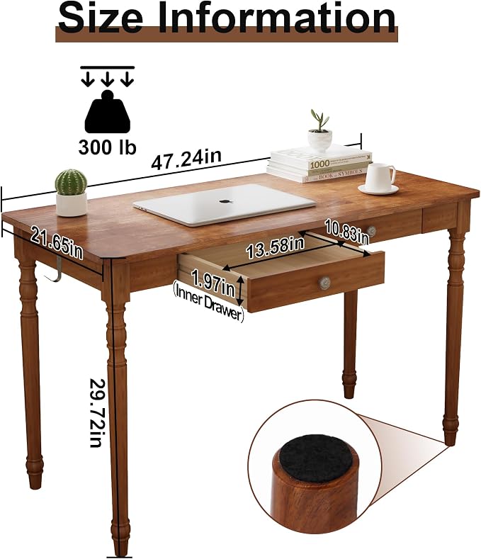 47 x 22 Inch Wooden Desk with Drawers -Simple Mid Century Modern Desk with 2 Hooks, Solid Rubber Wood Study Table for Living Room, Bedroom & Home Office, Walnut Color - Image 2