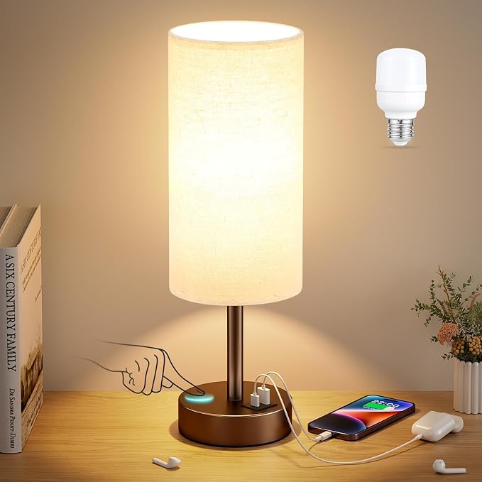 Dicoool Bedside Table Lamp for Bedroom - 3-Way Dimmable Touch Lamp, USB A+C | LED Bulb Included, 14" Small Nightstand Lamp for Desk, Living Room, Guest Room, Beige Fabric Lampshade, Brown Metal Base - Image 7