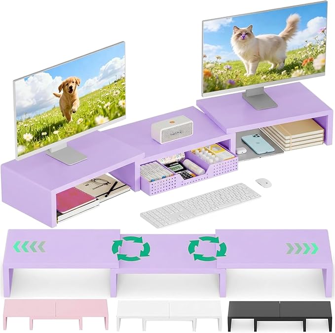 OPNICE Dual Computer Monitor Stand Riser with Drawer, Workspace Desk Organizer, Office Supplies Desk Accessories for Women, Purple by OPNICE