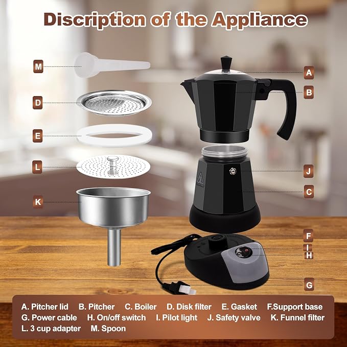 Electric Aluminum Moka Pot 3-6 Cup 150-270ml Espresso Maker | with Detachable Base Ideal Coffee Makers for Home MochaPot Italian and Cuban Café Coffeemaker Espressomaker CoffeePot Black - Image 3