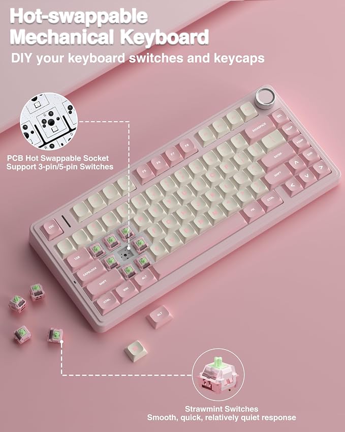 AULA F75 75% Wireless Mechanical Keyboard, Hot Swappable Pink Creamy Keyboard, Pre-lubed Linear Switches, PBT Keycaps, 2.4GHz/Type-C/BT5.0, RGB Backlit Computer Gaming Keyboards for Office/Laptop/PC - Image 5