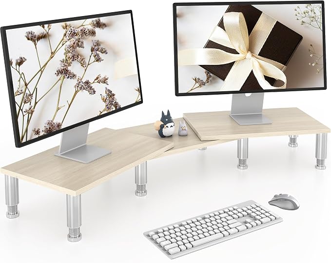 AX Waber Dual Monitor Riser - Adjustable Length & Angle, Wooden Stand for 2 Monitors with Storage by 1