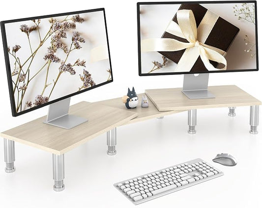 AX Waber Dual Monitor Riser - Adjustable Length & Angle, Wooden Stand for 2 Monitors with Storage by 1