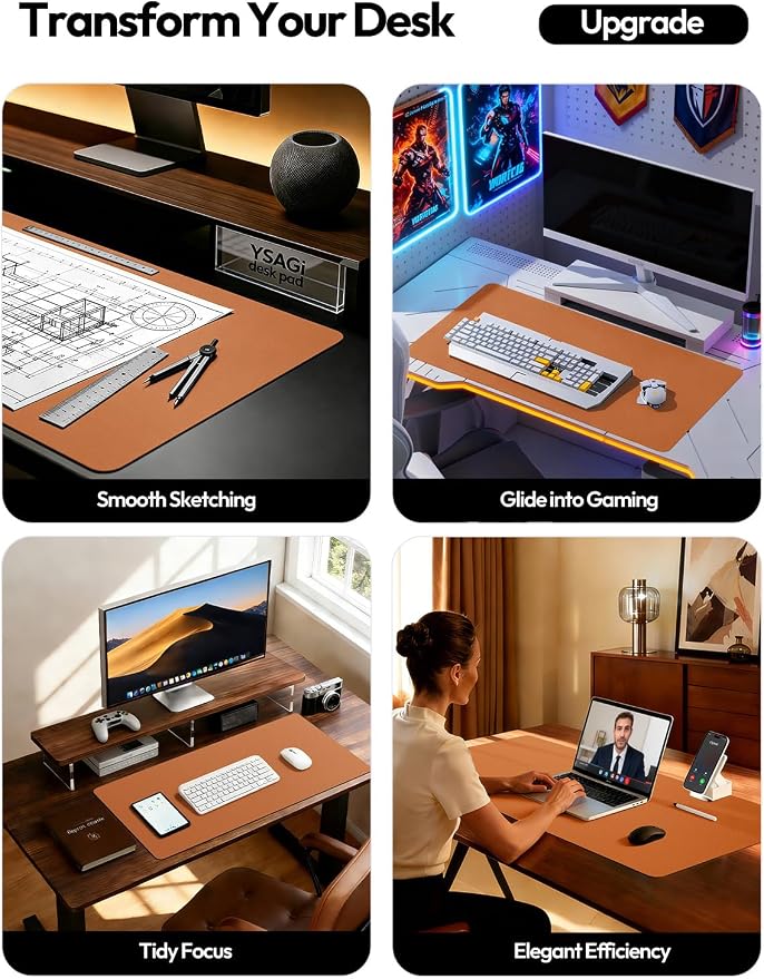 YSAGi Leather Desk Protector, Office Mat, Large Mouse Mat, Non-Slip PU Leather Blotter, Laptop Desk Mat, Waterproof Writing Pad for Office and Home (Brown, 35.4" x 17") - Image 2
