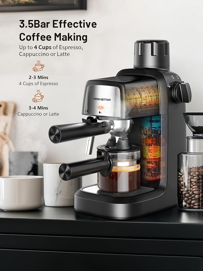 KEENSTAR 3.5Bar Espresso Machine 800W, Compact 4-Cup Espresso Maker Preheat | Fast Heating, Milk Frother Steam Wand, Espresso and Cappuccino Machine for Cappuccino or Latte Black - Image 2