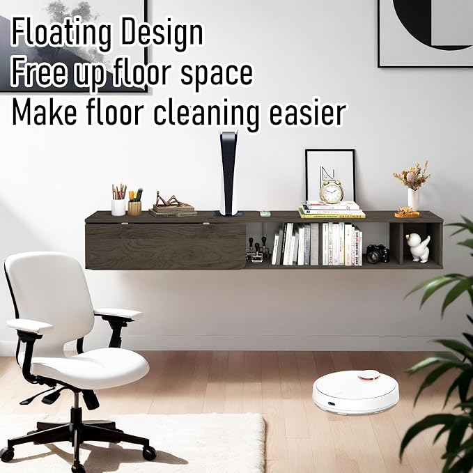 Pmnianhua 63'' Floating Desk with Storage Shelves,Wall Mounted Desk Laptop Computer Writing Study Table for Bedroom Small Space(Dark Grey) - Image 6