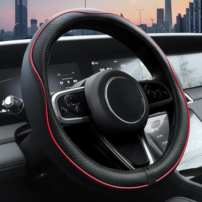 Ouzorp Car Steering Wheel Cover, Microfiber Leather Steering Wheel Covers with Anti-Slip Lining, Universal 14.5-15 inchs Black with Red line by Ouzorp