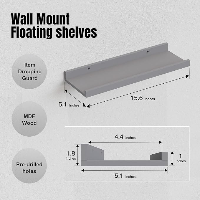 RICHER HOUSE 3-Set Floating Shelves with Lip, Grey Small Wall Shelf, 16In | Display Picture Ledge Shelf, Anti-drop lip Shelf for Room Wall Decor, Bedroom Bathroom Storage Nursery Books, Easy Setup,Wood - Image 3