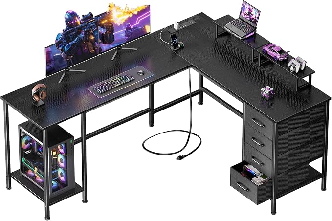 Korfile 59 inch L Shaped Computer Desk with Power Outlets, Black | Ideal for Home Office, Bedroom, Corner, 4 Adjustable Storage Drawers, 2 Monitor Stands, Reversible, Two Person Gaming Table by Korfile