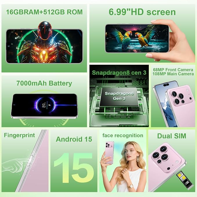17 PMAX Unlocked Cell Phone,16GB+512GB Smartphone,6.99" HD Screen Android 15 5G Phones,Battery 7000mAh Android The Phone,Fingerprint Button Unlock/GPS/Face ID/Dual SIM/5G (Pink) - Image 2