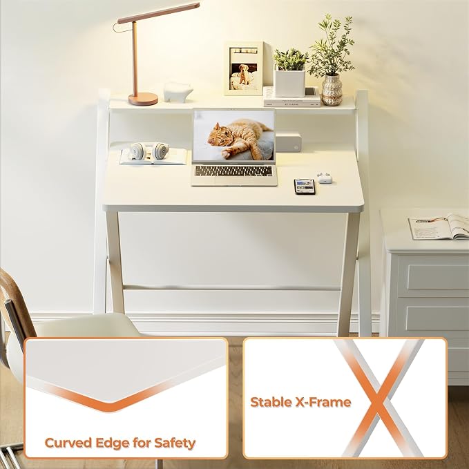 GreenForest Folding Desk No Assembly, Sturdy Computer Desk for Small Spaces | Portable Foldable Table for Laptop, 2-Tier Compact with Shelf, Space Saving for Home Office, Dorm, Apartment, 27"x 22" White - Image 6