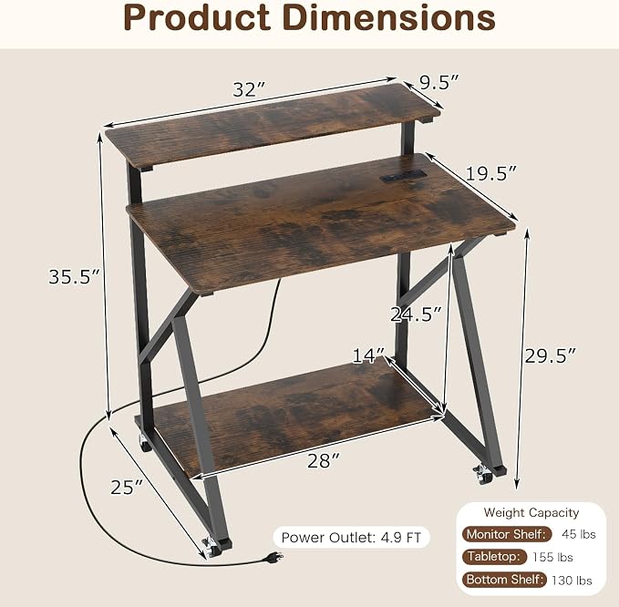 Giantex Rolling Small Desk with Storage, Compact Computer Desk for Small Spaces with Charging Station, Monitor Stand, Lockable Wheels, Study Writing Desk for Home Office, Bedroom (Rustic Brown) - Image 3