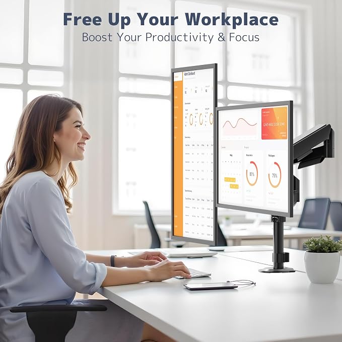 PUTORSEN Dual Monitor Stand for 17-32 Inch Screens, VESA 75/100 | Full motion dual monitor desk mount supports 19.8 lb per arm with tilt, swivel, rotation and C-clamp or grommet base. - Image 8