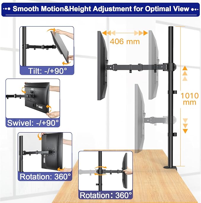HUANUO Single Monitor Arm with 39 inch Extra-Tall Pole, Adjustable Computer Desk Mount for 13–32 inch Screens and up to 38 inch Ultrawide Screens, Hold 22 lbs, Monitor Stand with C-Clamp & Grommt Base - Image 3