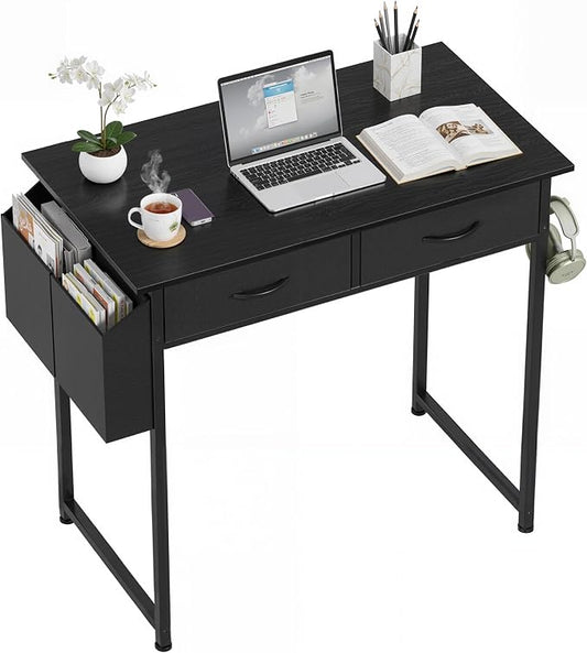 OLIXIS 32 Inch Small Desk, Computer Desk, Home Office | Fabric Drawers, Side Bag, Headphone Hook, Writing Study Work Table, Bedroom, Sleek Black by OLIXIS
