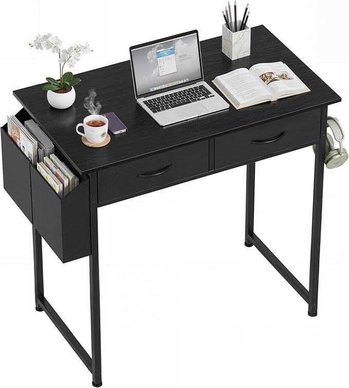 OLIXIS 32 Inch Small Desk, Gaming Computer Desk, Side Bag | Fabric Drawers, Headphone Hook, Home Office, Work Table, Writing Study, Bedroom, Black by OLIXIS